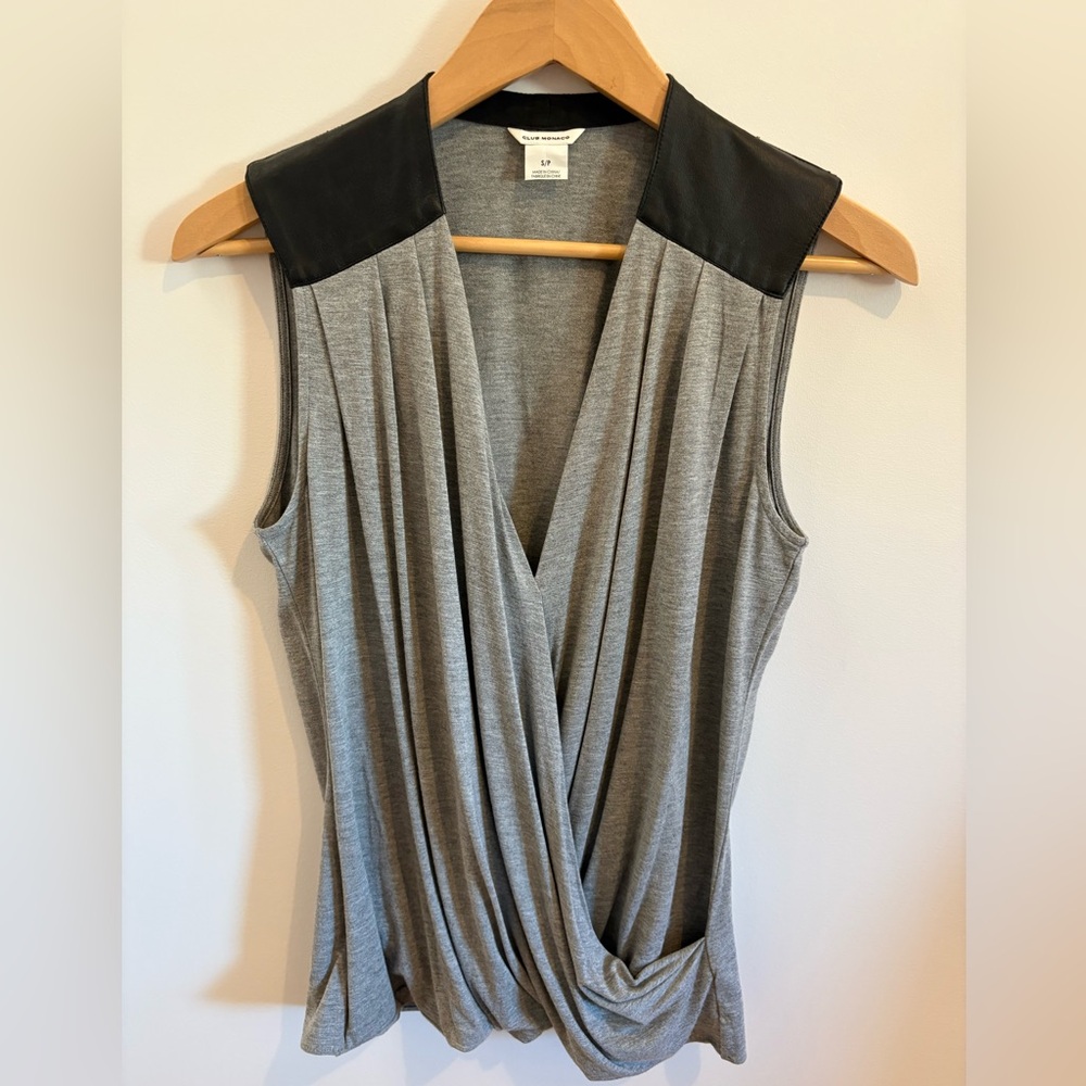 Club Monaco Gray Wrap Blouse with Black Shoulders